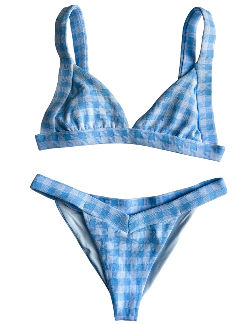 Frankies Bikinis Light Blue Gingham Bikini Top Large Bottom Small